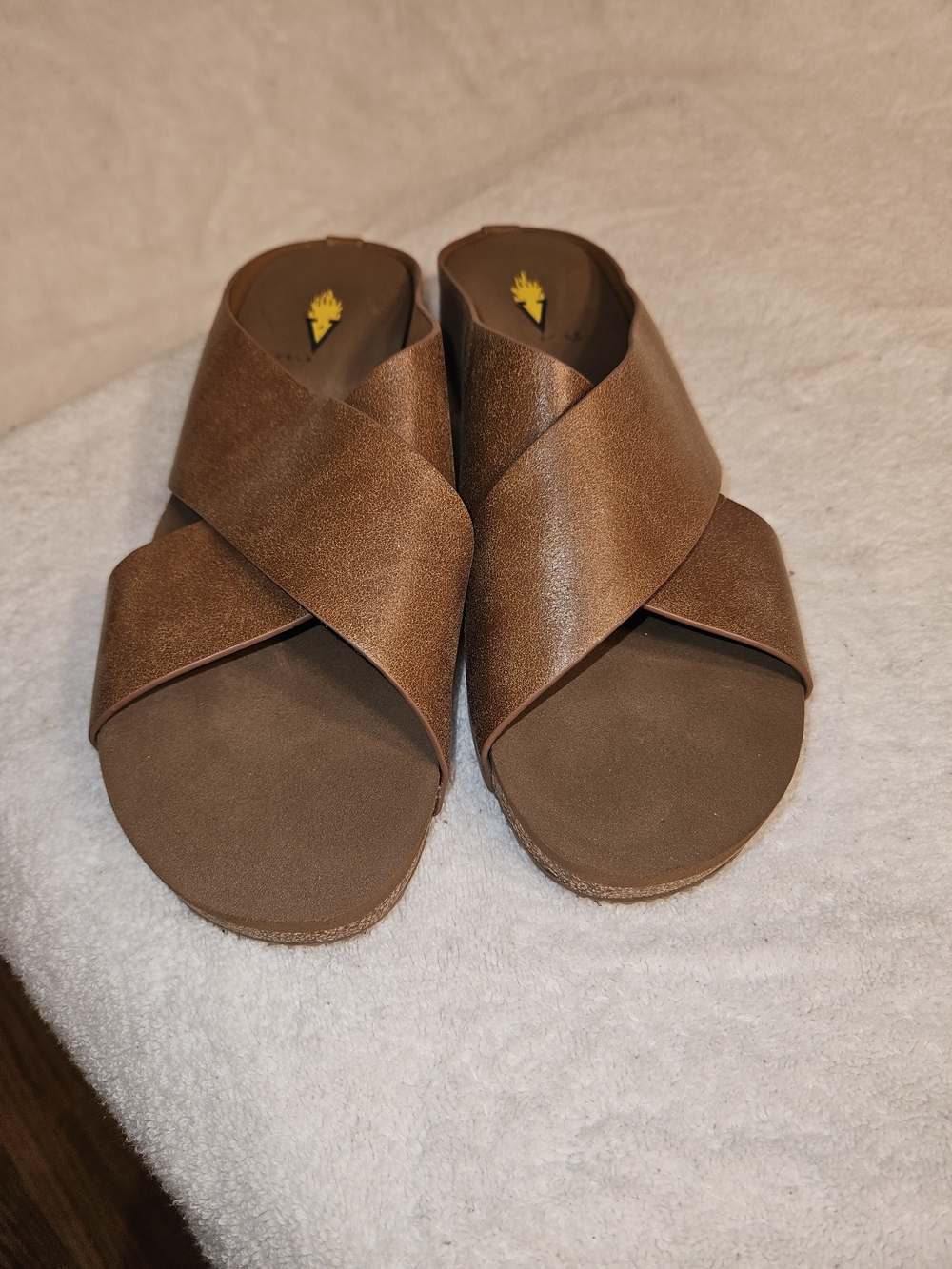 Volatile Brown Crisscross Slide Wedges